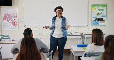 Buy stock photo Classroom, teacher and lesson in high school, biology and knowledge for learning or development. Female person, education and presentation for assignment, science project and oral exam with students