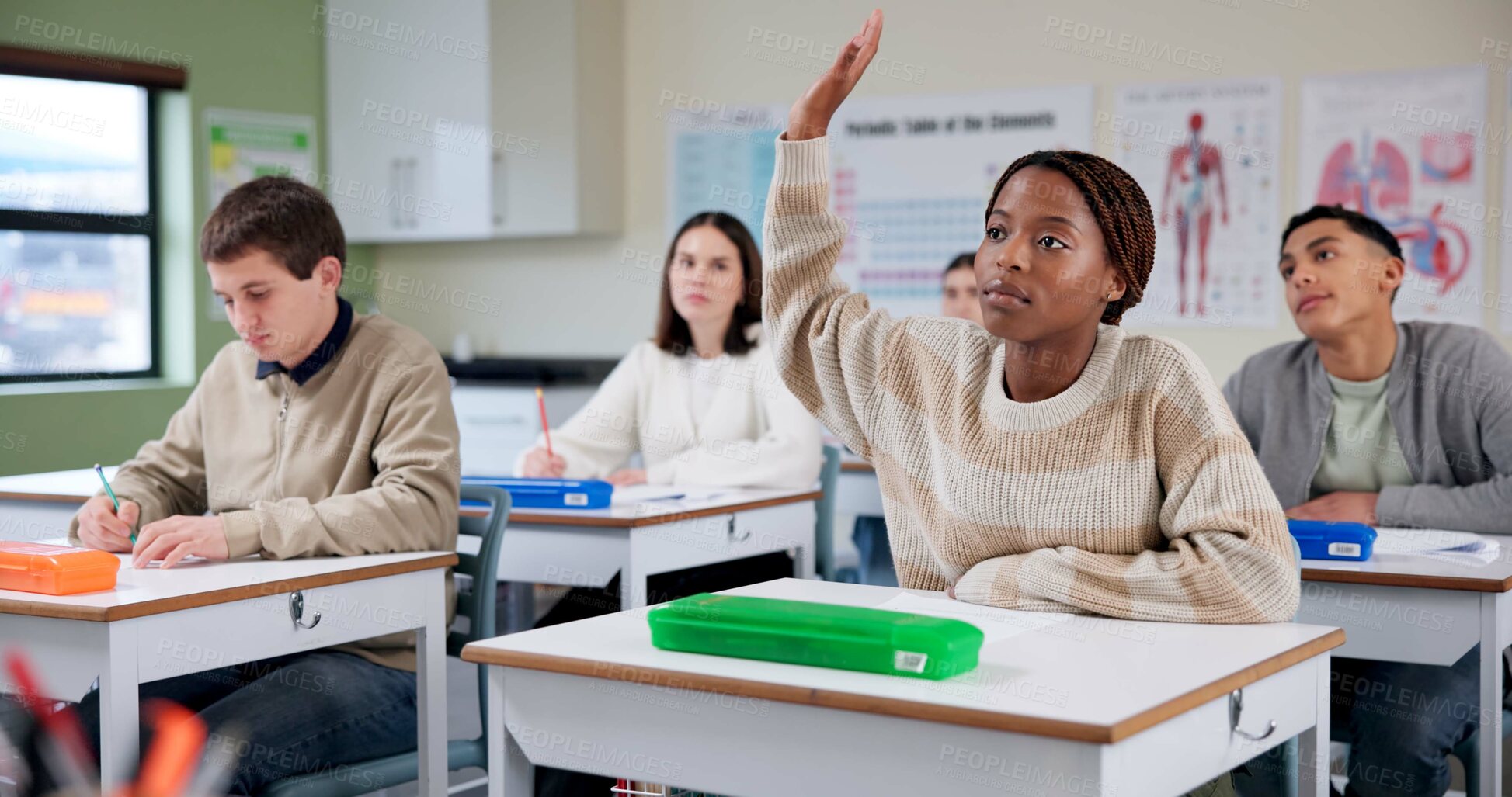 Buy stock photo Girl, education or class in high school for question, lesson or biology lecture. Student, writing or hand raised at desk for learning, asking or solution with knowledge or development in life science