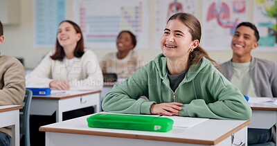 Buy stock photo Happy, student and listening to lesson in classroom, high school and smile for education of biology. Group, teenager and girl with knowledge of science, paper and preparing for exam and classmates