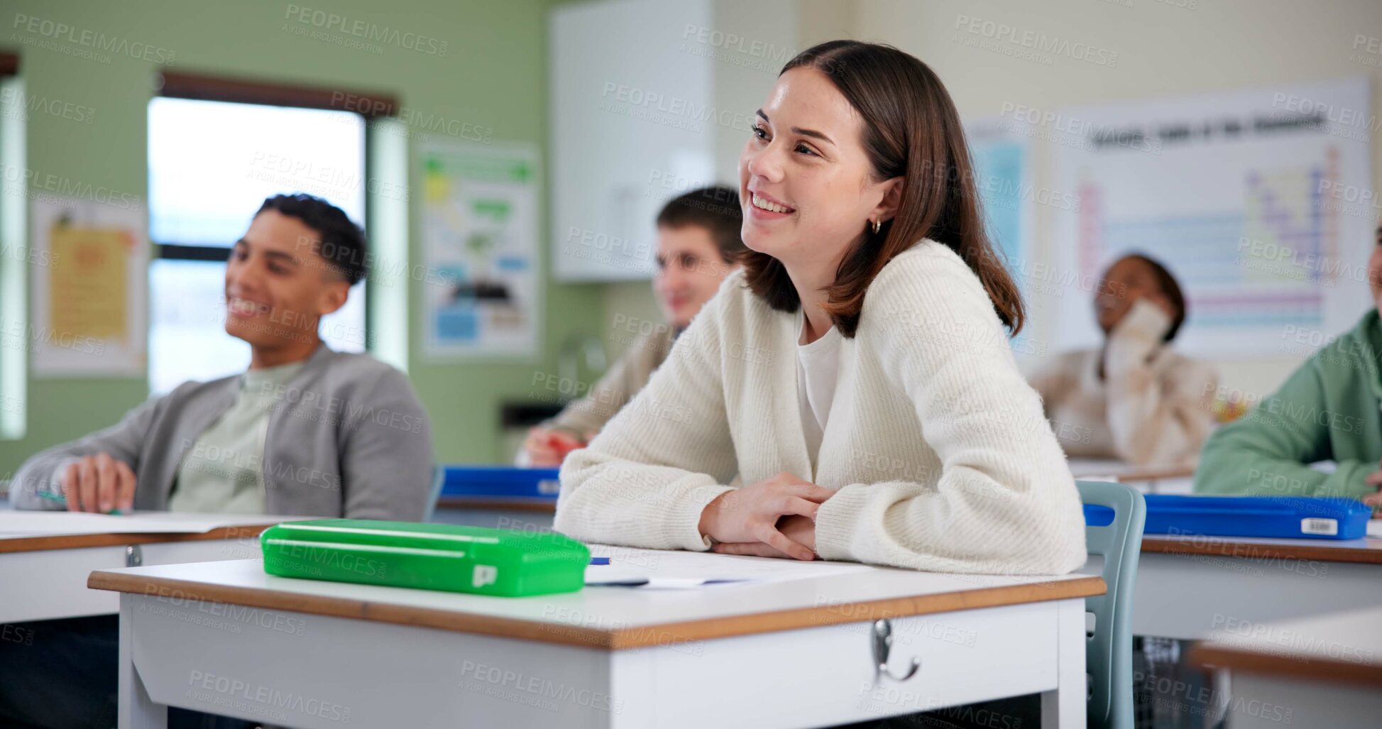 Buy stock photo Education, happy and girl at school for class, fun lesson and positive reinforcement. Students, laugh or biology lecture in classroom with knowledge, growth or development with information for exam