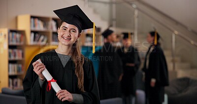 Buy stock photo Portrait, student and happy girl at graduation with certificate in university for future success or achievement. Face, woman and college graduate with scroll for education milestone, award or diploma