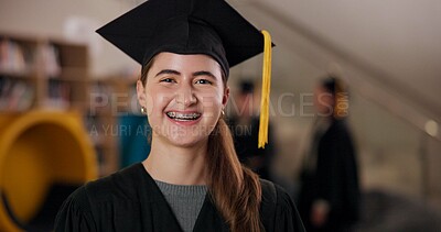 Buy stock photo Portrait, student and happy girl at graduation in university for future success or learning achievement. Face, woman and college graduate with education milestone, pride or laugh for mba scholarship