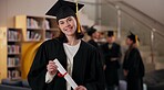 Portrait, student and happy girl at graduation with diploma in university for future success or achievement. Face, woman and college graduate with scroll for education milestone, award or certificate