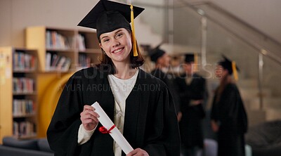 Buy stock photo Portrait, student and happy girl at graduation with diploma in university for future success or achievement. Face, woman and college graduate with scroll for education milestone, award or certificate