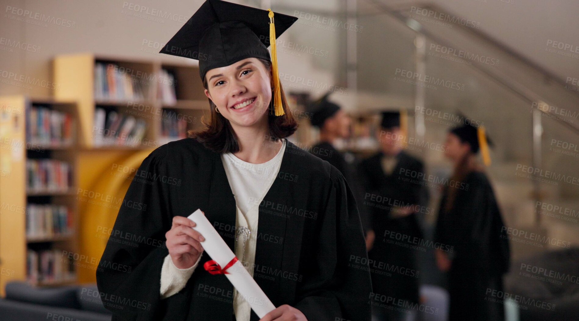 Buy stock photo Portrait, student and happy girl at graduation with diploma in university for future success or achievement. Face, woman and college graduate with scroll for education milestone, award or certificate