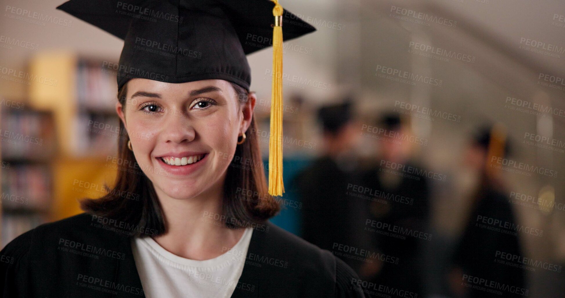 Buy stock photo Portrait, student and happy girl at graduation in college for future success or learning achievement. Face, woman and university graduate with education milestone, pride and mba scholarship at school