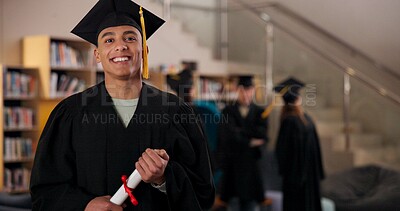 Buy stock photo Portrait, student and happy man at graduation with certificate in university for success and achievement. Face, scroll and college graduate holding degree for education milestone, award and diploma