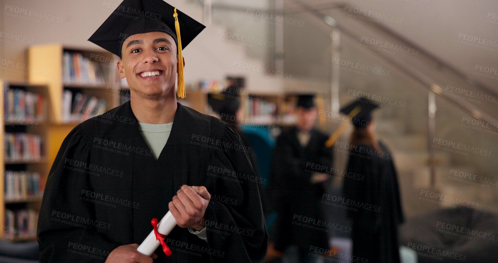 Buy stock photo Portrait, student and happy man at graduation with certificate in university for success and achievement. Face, scroll and college graduate holding degree for education milestone, award and diploma