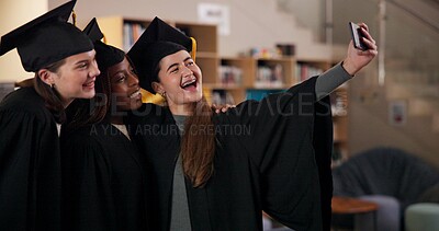 Buy stock photo Graduation, achievement or students in selfie at university for education, social media or success. College scholarship, photograph or group of people at school campus with knowledge, smile or photo