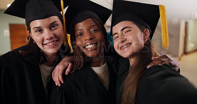 Buy stock photo Portrait, graduate and selfie of happy women or friends in university for future, success or learning achievement. Face, graduation and group take photo to celebrate education milestone with students