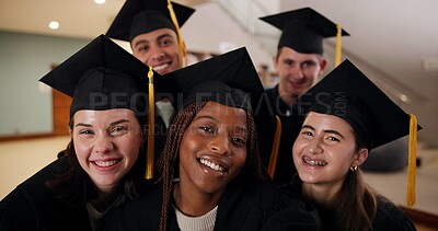 Buy stock photo Portrait, graduate and selfie of happy people or friends in university for success, diversity or learning achievement. Face, graduation photo and group celebrate milestone with students, men or women