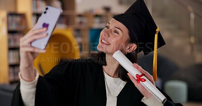 Buy stock photo Graduation, happy woman or student in selfie at university for education, social media or success. College scholarship, degree certificate or proud girl at school campus with memory, smile or picture