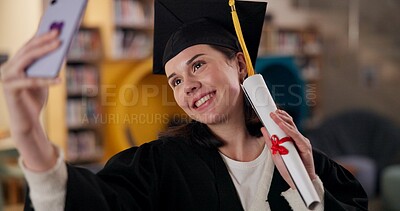 Buy stock photo Graduation, happy girl or student in selfie at university for education, social media or success. College scholarship, degree certificate or proud woman at school campus with memory, smile or picture