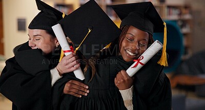 Buy stock photo Graduation, achievement or students hug with certificate at university for education, opportunity or success. College, scholarship or group of people at school campus with knowledge, smile or diploma