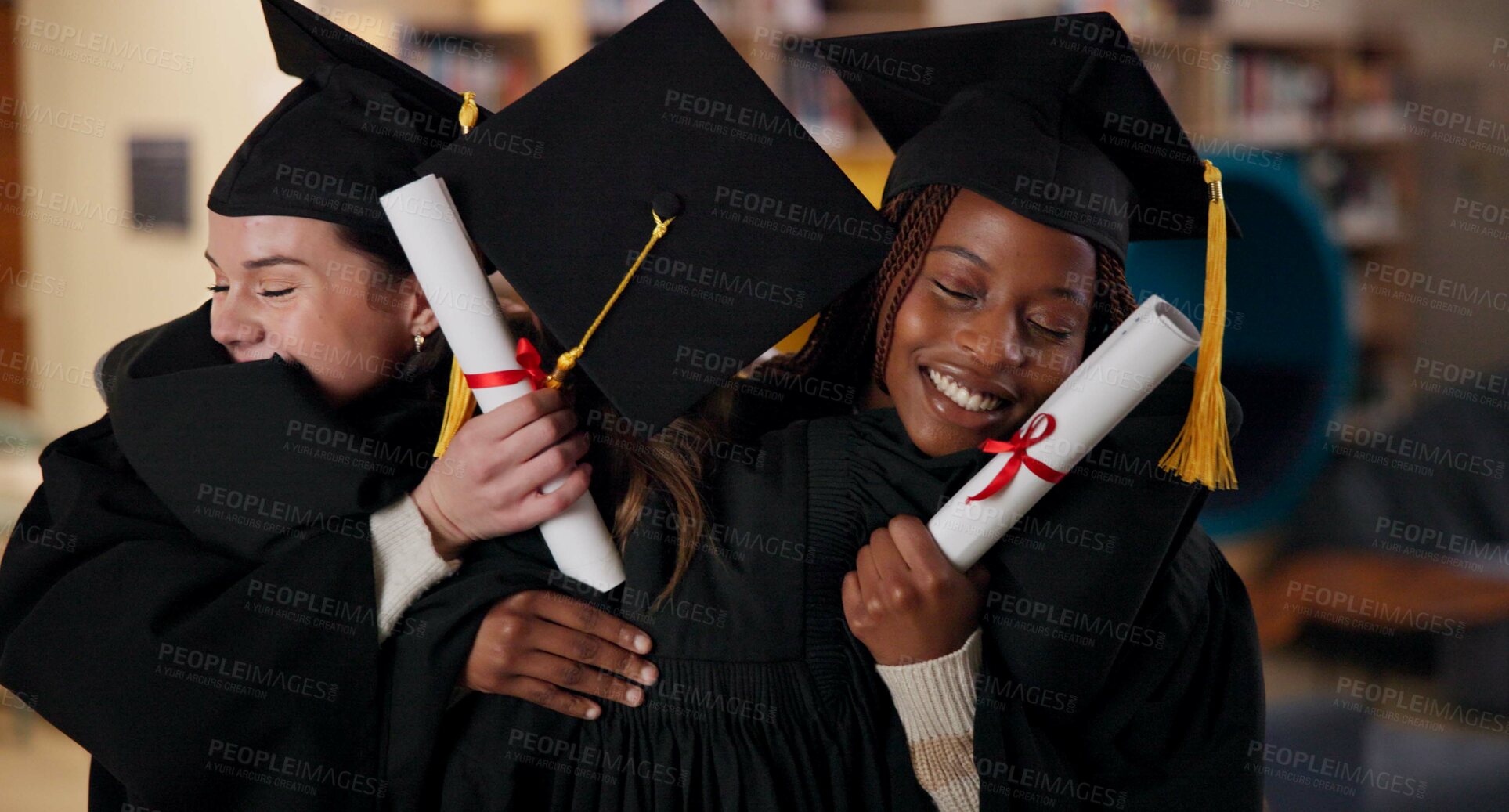 Buy stock photo Graduation, achievement or students hug with certificate at university for education, opportunity or success. College, scholarship or group of people at school campus with knowledge, smile or diploma