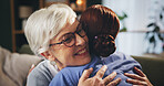 Senior woman, nurse and hug with care for support, trust or love for patient together at home. Happy or elderly female person with caregiver or smile for embrace, help or assistance at old age house