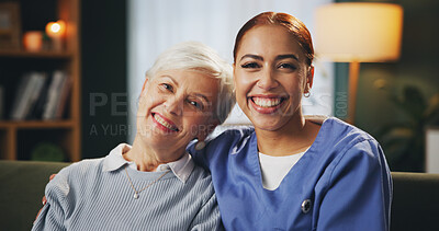 Buy stock photo Home, senior woman and nurse in portrait for hug, caring and support in retirement with happiness. Lounge, elderly patient and female caregiver with embrace on sofa, assistance and medical volunteer