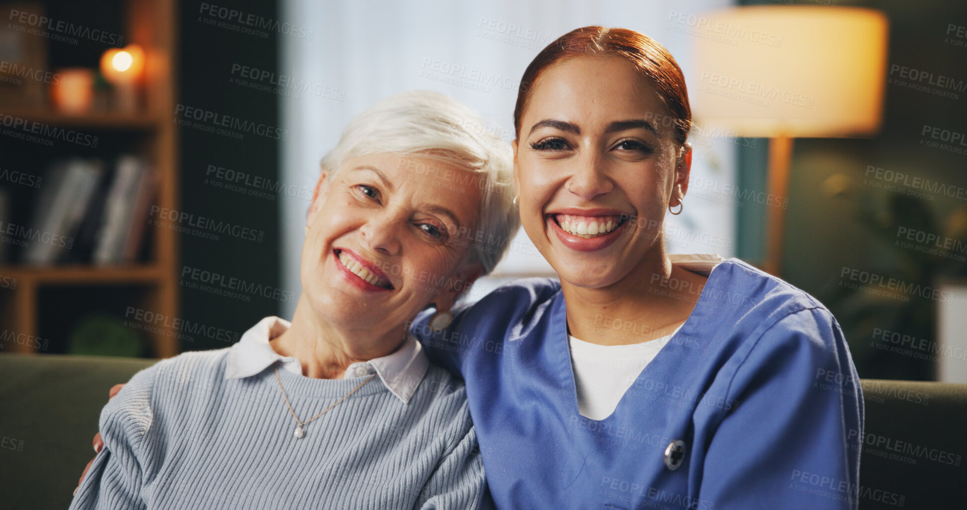 Buy stock photo Home, senior woman and nurse in portrait for hug, caring and support in retirement with happiness. Lounge, elderly patient and female caregiver with embrace on sofa, assistance and medical volunteer