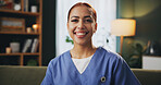 Portrait, woman and happy as caregiver at nursing home with confidence on healthcare service. Female person, employee and nurse with smile or pride for job opportunity and career growth for support