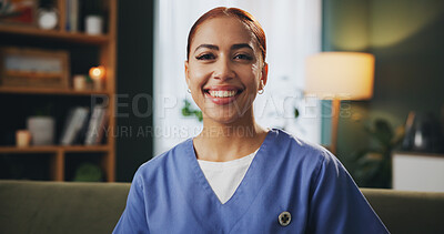 Buy stock photo Portrait, woman and happy as caregiver at nursing home with confidence on healthcare service. Female person, employee and nurse with smile or pride for job opportunity and career growth for support