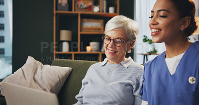 Buy stock photo Consulting, laptop and old woman with nurse on sofa in retirement home for medical advice or checkup. Assisted living, computer and healthcare with medicine professional talking to senior patient