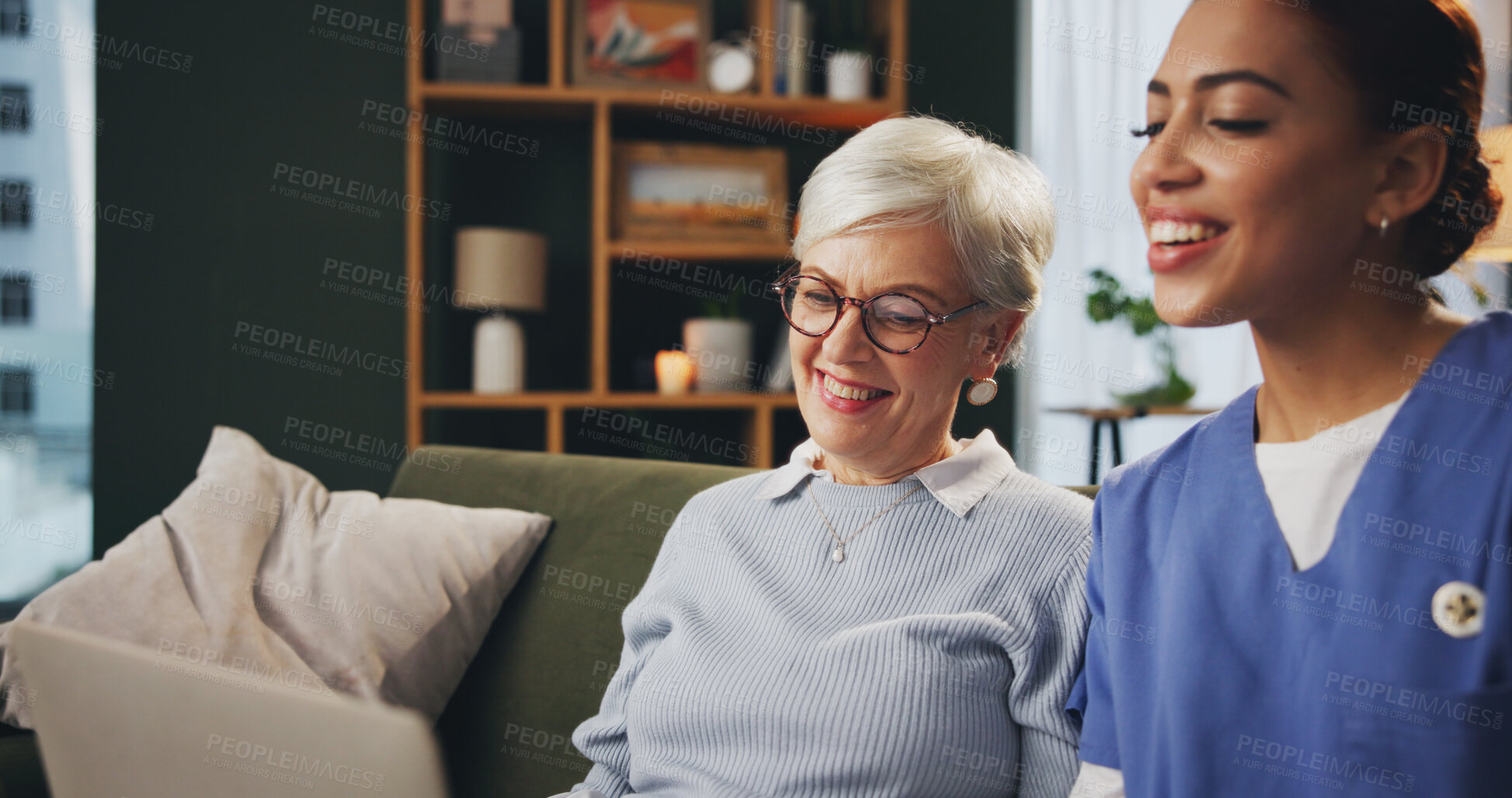 Buy stock photo Consulting, laptop and old woman with nurse on sofa in retirement home for medical advice or checkup. Assisted living, computer and healthcare with medicine professional talking to senior patient