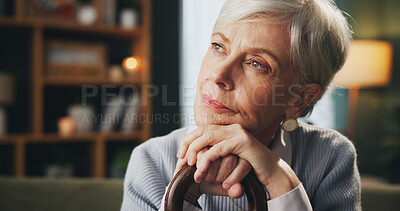 Buy stock photo Walking stick, thinking and senior woman in home with memory, remember or nostalgia for past. Dreaming, medical support and elderly female person with cane for dementia disease in retirement facility