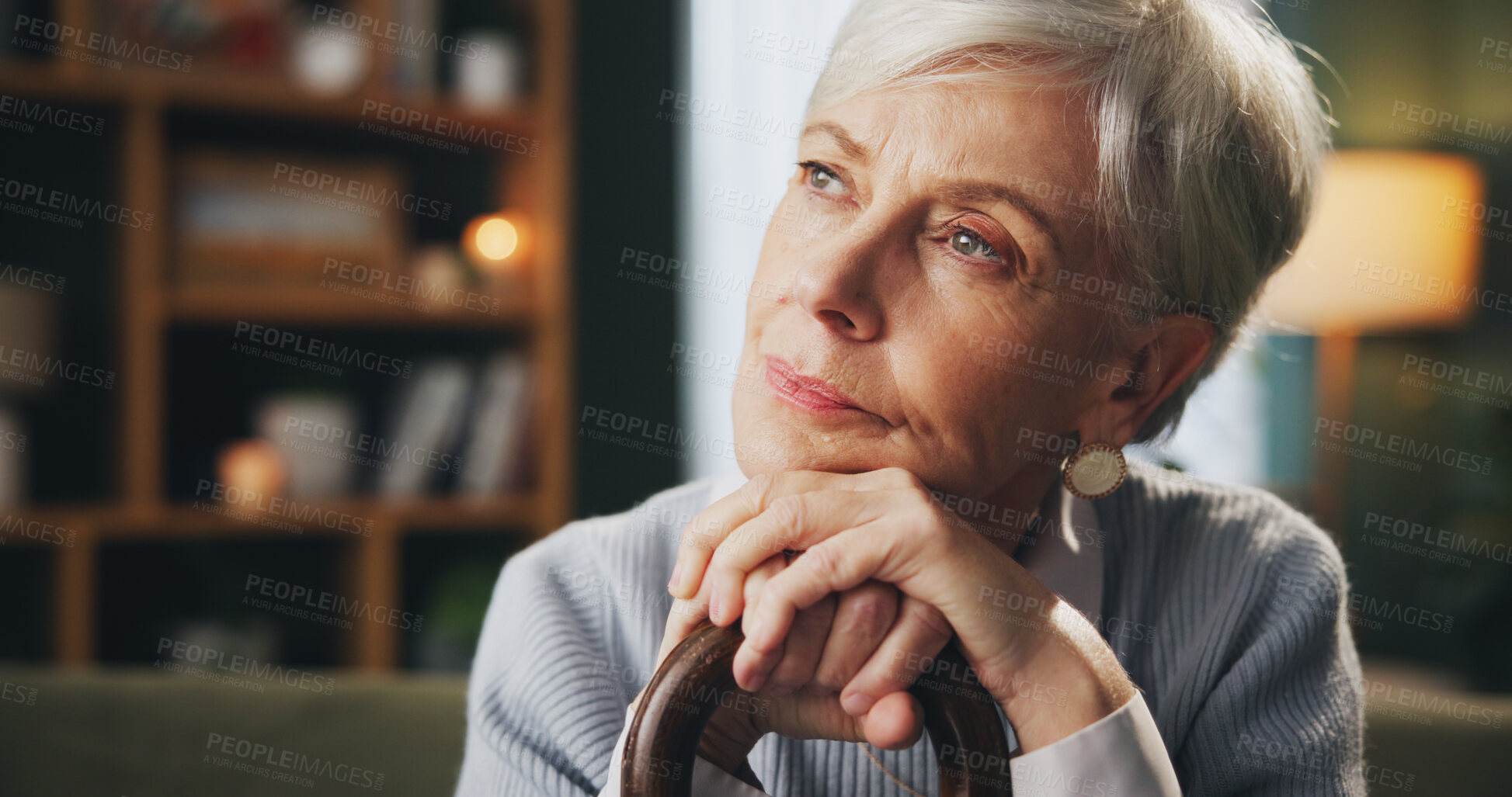 Buy stock photo Walking stick, thinking and senior woman in home with memory, remember or nostalgia for past. Dreaming, medical support and elderly female person with cane for dementia disease in retirement facility