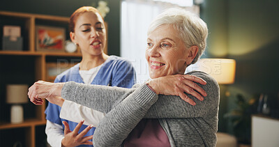 Buy stock photo Women, physiotherapist and senior patient with stretching for rehabilitation, support and healthcare. People, retirement home and happy with fitness, exercise and training for arthritis and wellbeing