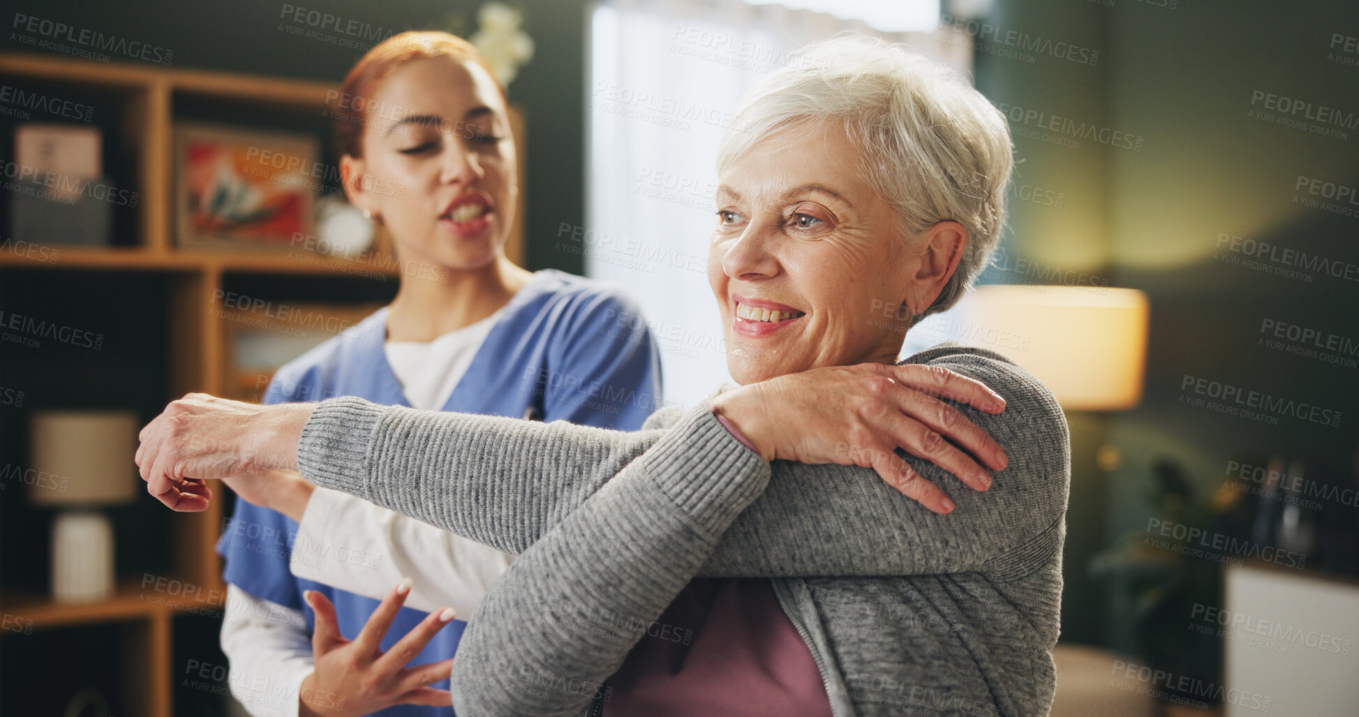 Buy stock photo Women, physiotherapist and senior patient with stretching for rehabilitation, support and healthcare. People, retirement home and happy with fitness, exercise and training for arthritis and wellbeing