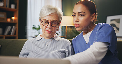 Buy stock photo Healthcare, laptop and old woman with nurse on sofa in retirement home for internet advice or checkup. Assisted living, computer and consulting with medical professional talking to senior patient