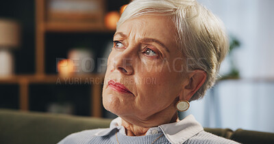 Buy stock photo Senior woman, thinking and worried in retirement home, lounge or house with reflection as pensioner. Female person, stress and fear with concern, memory and grief for elderly care, security and peace