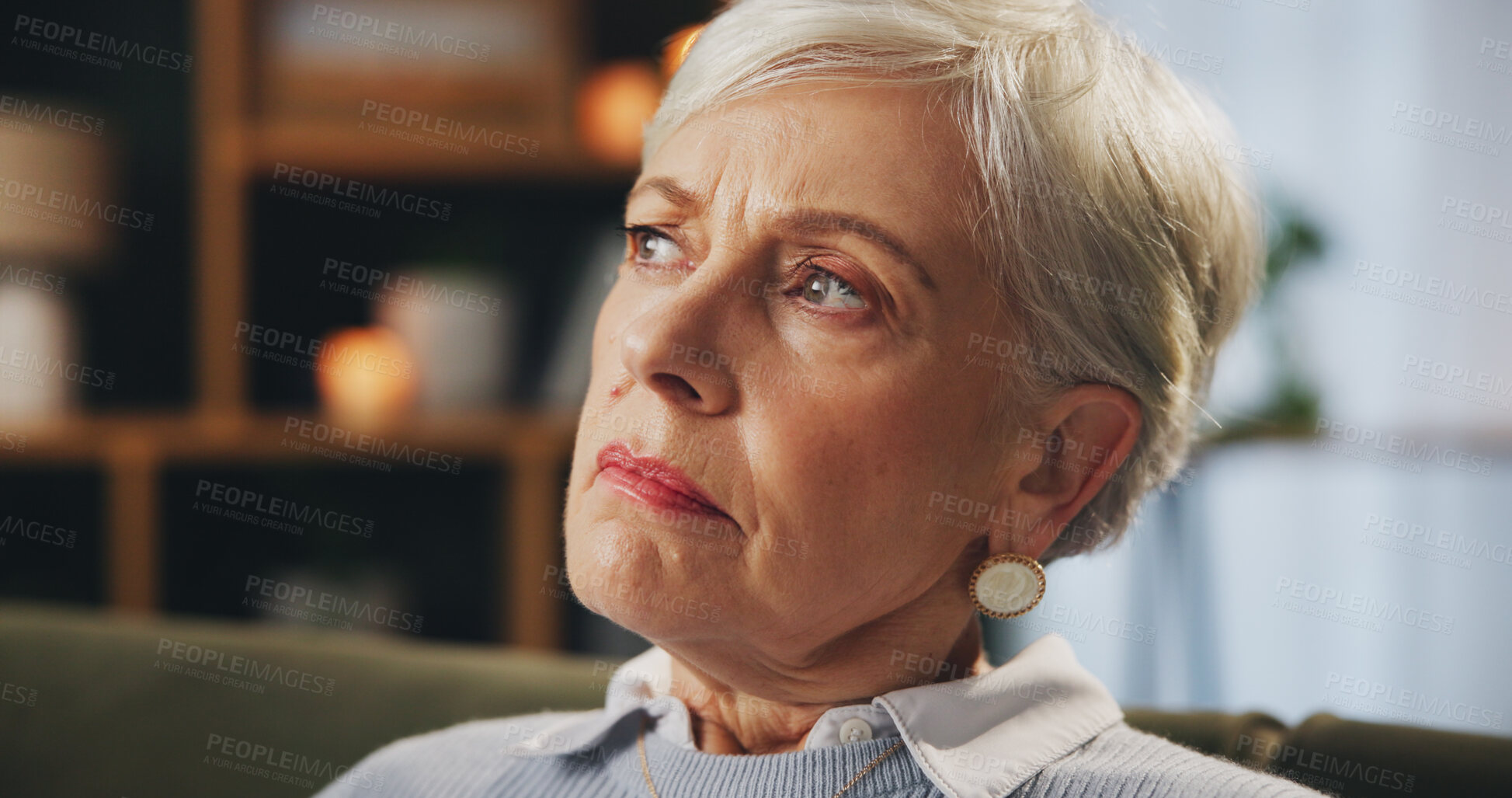 Buy stock photo Senior woman, thinking and worried in retirement home, lounge or house with reflection as pensioner. Female person, stress and fear with concern, memory and grief for elderly care, security and peace