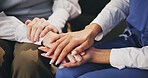 Patient, hands and nurse with care for empathy, trust or listening with understanding of pain, grief or crisis at home. Closeup of caregiver or therapist touching palm for support, love or sympathy
