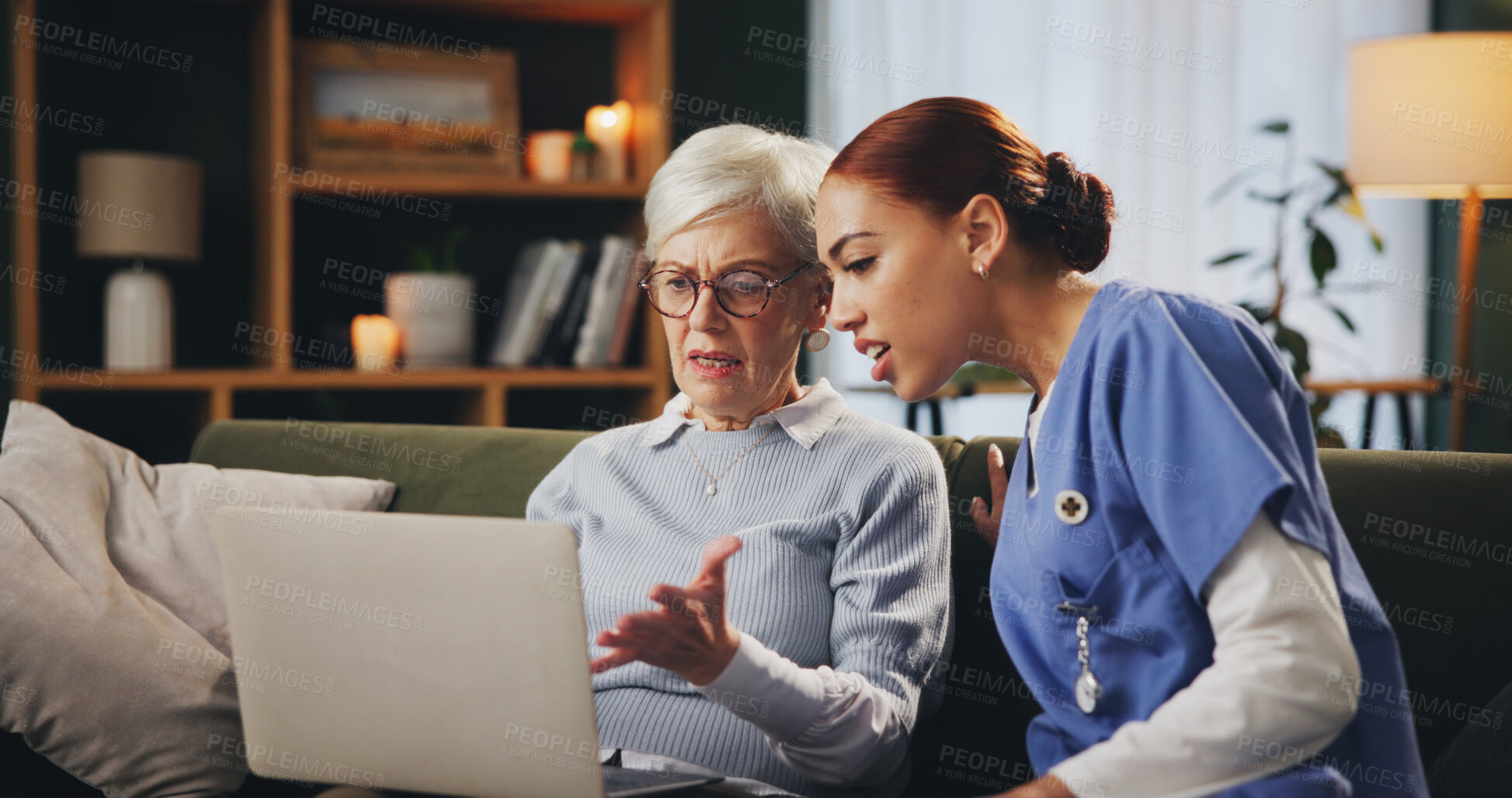 Buy stock photo Assisted living, laptop and confused old woman with nurse on sofa in retirement home for medical advice or checkup. Computer, help and healthcare with medical professional talking to senior patient