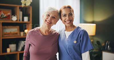 Buy stock photo Senior woman, nurse and portrait at physiotherapy consultation with smile and happy from rehabilitation. Retirement, home care and kindness of physio with patient at medical clinic for wellness