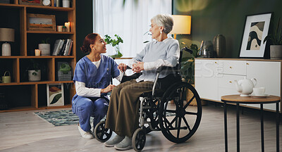 Buy stock photo Women, nurse and senior patient in wheelchair at nursing home for healthcare, support and checkup. Caregiver, person with a disability and conversation for medical service,  physiotherapy and care