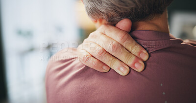 Buy stock photo Hand, injury and shoulder pain with person closeup for anatomy, healthcare or strain from back. Accident, emergency and posture with physiotherapy patient holding joint or muscle for recovery