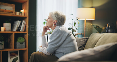 Buy stock photo Senior woman, thinking and remember in retirement home, lounge or house with reflection as pensioner. Female person, calm and planning in relax, memory and break for elderly care, security and peace