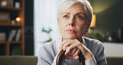 Buy stock photo Walking stick, memory and senior woman in home with thinking, remember or nostalgia for past. Dreaming, medical support and elderly female person with cane for dementia disease in retirement facility