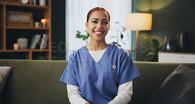 Buy stock photo Home, woman or nurse in portrait for smile, assistance or medical worker for support in living room. House, female expert or volunteer with pride on sofa, service or caregiver for healthcare in couch