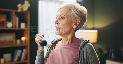 Buy stock photo Senior woman, weightlifting and exercise with dumbbell in workout, power or strength at home. Elderly female person with light weights in lifting, warm up or fitness for training or practice at house