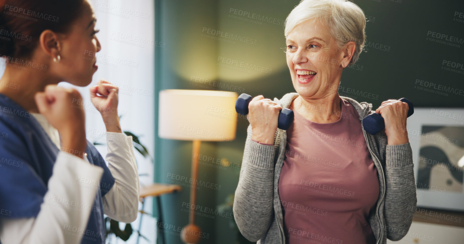 Buy stock photo Senior woman, physiotherapy and exercise for fitness, health in weightlifting at rehabilitation clinic. Pensioner, trainer and sport at nursing home in lounge for strong muscles, wellness and routine