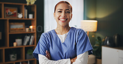 Buy stock photo Happy, woman and arms crossed as caregiver at nursing home with confidence on healthcare service. Employee, portrait and nurse with smile or pride for job opportunity and career growth for support