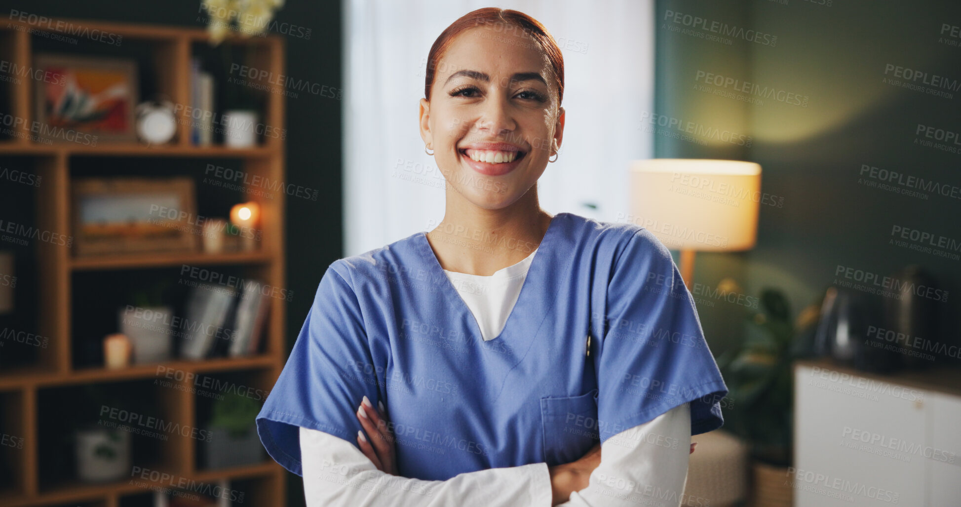 Buy stock photo Happy, woman and arms crossed as caregiver at nursing home with confidence on healthcare service. Employee, portrait and nurse with smile or pride for job opportunity and career growth for support