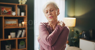 Buy stock photo Senior woman, neck injury and pain with shoulder in stress, joint inflammation or muscle tension at home. Female person with sore spine, bone or fibromyalgia in fatigue or discomfort at house