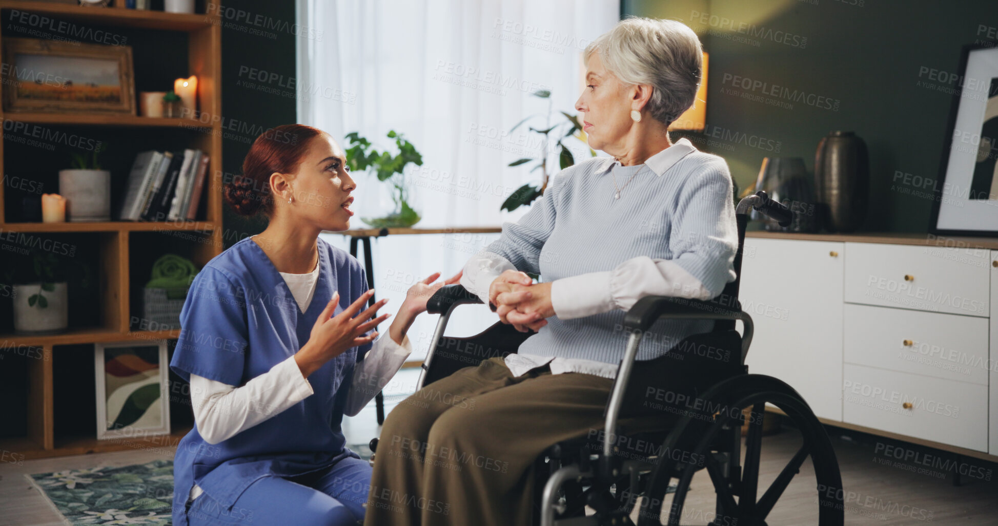 Buy stock photo Nurse, senior woman and wheelchair at retirement home for healthcare, support and checkup. Caregiver, person with a disability and conversation for medical service,  physiotherapy and care or help