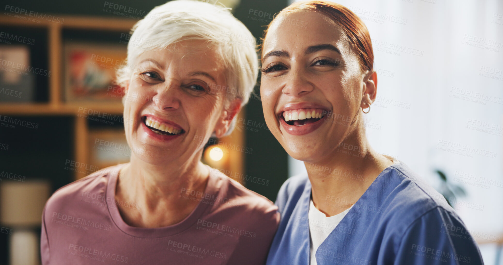 Buy stock photo Senior woman, nurse and laugh portrait at physiotherapy consultation with smile and happy from rehabilitation. Retirement, home care and kindness of physio with patient at medical clinic for wellness