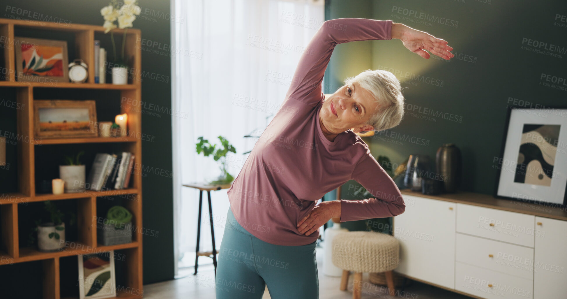 Buy stock photo Senior woman, stretching and workout with fitness for exercise, balance or physiotherapy at home. Active or elderly female person in body warm up for training, practice or physical wellbeing at house