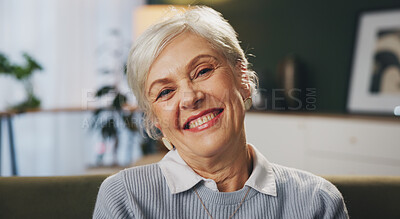 Buy stock photo Senior woman, portrait and happy in retirement home, living room or house with excited for pension. Female person, smile and confidence in relax, comfort and break for elderly care, security or peace